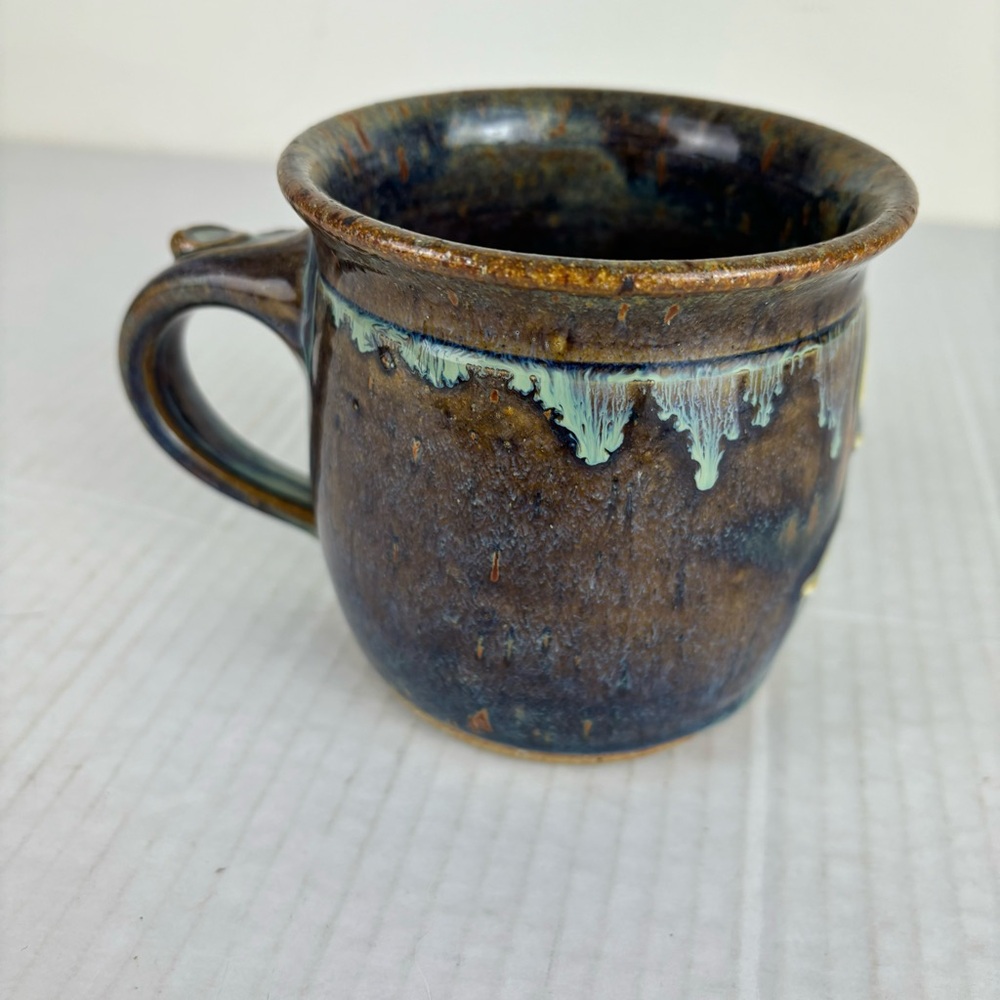 Handmade pottery coffee mug -drip glaze w/Asian sign